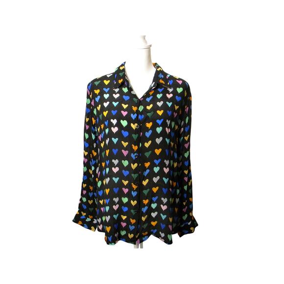 APNY Sheer Black Pastel Heart Print Blouse Top Button‎ Up Long Sleeve Size Large - Picture 1 of 5